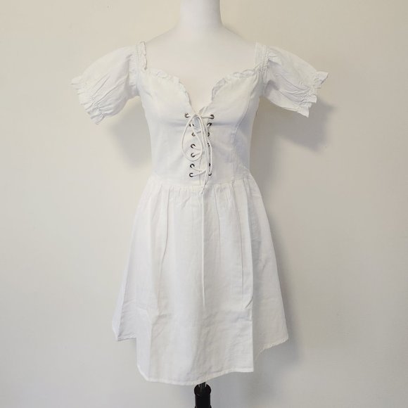 White Puff Sleeve Lace Up Milkmaid Puff Sleeve Sweetheart Skater Dress Cotton - Picture 4 of 15